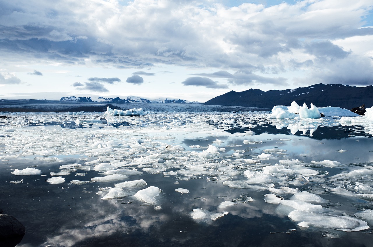 Crystal-clear icebergs on the black volcanic sand of Diamond Beach near Jökulsárlón in Iceland